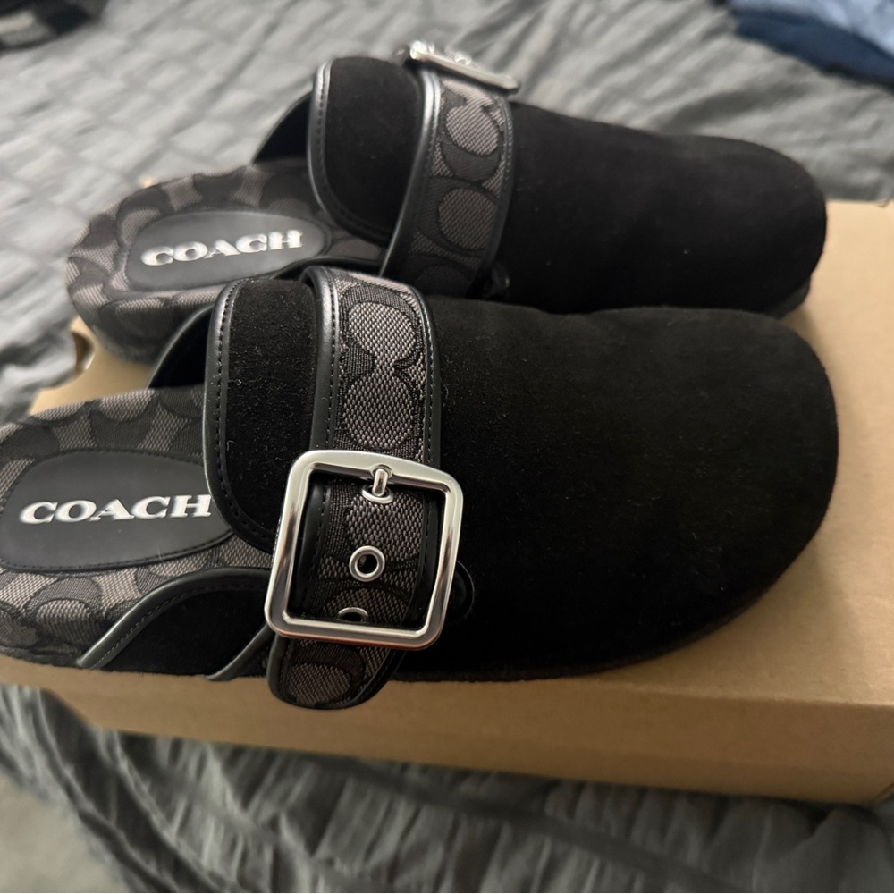 Coach Black Suede Clogs with Silver Buckle